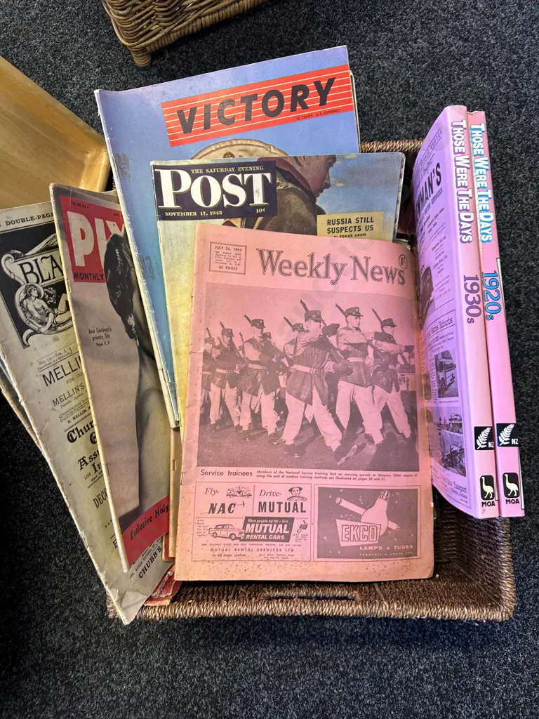 Double Handled Cane Basket With Vintage Magazines & Books Including The Weekly News, Victory, Post, Pix Etc Image 1++